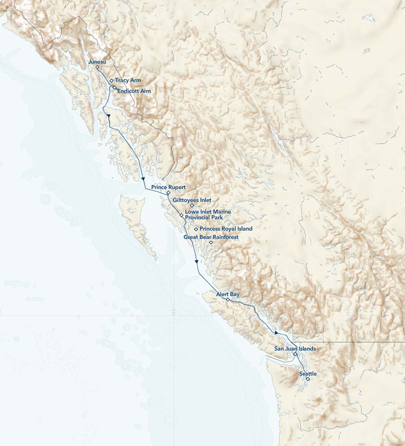 route map of small ship cruise exploring Alaska, Great Bear Rainforest and the San Juan Islands