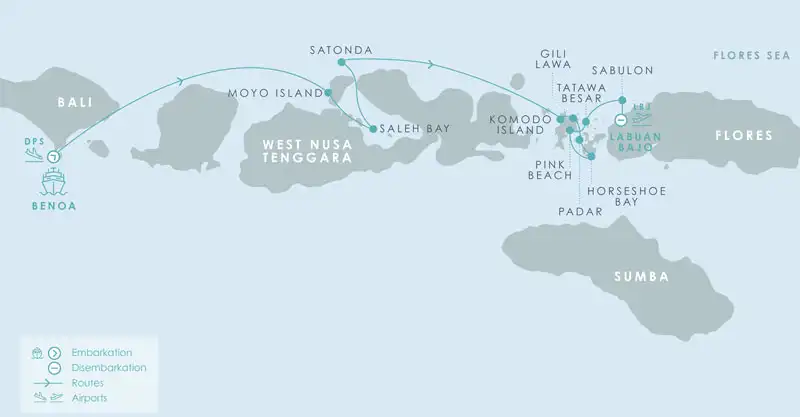 Route map of eastbound Aqua Blu Komodo National Park Cruise in Indonesia, operating from Bali to Flores with visits to Moyo Island, Saleh Bay, Batu Moncho Bay, Komodo Island, Padar, Horseshoe Bay, Pink Beach & Gili Lawa.