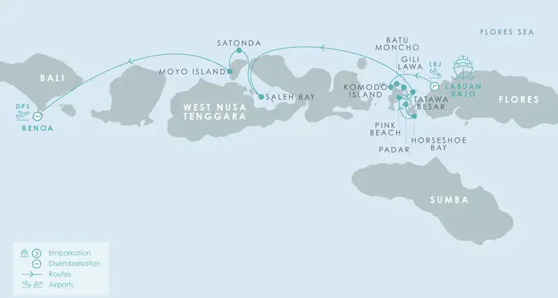 Route map of westbound Aqua Blu Komodo National Park Cruise in Indonesia, operating from Bali to Flores with visits to Moyo Island, Saleh Bay, Batu Moncho Bay, Komodo Island, Padar, Horseshoe Bay, Pink Beach & Gili Lawa.