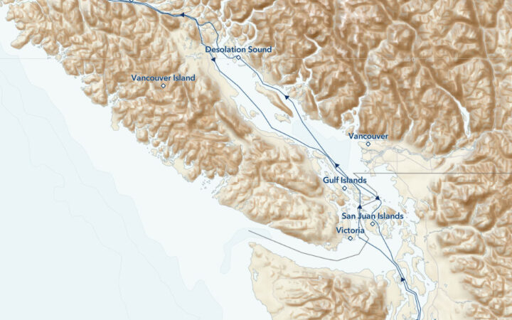 Route map of Exploring British Columbia & the San Juan Islands cruise, round-trip from Seattle with visits to Victoria, Desolation Sound, Johnstone Strait, Alert Bay, the Gulf Islands & Friday Harbor.