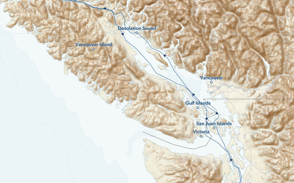 Route map of Exploring British Columbia & the San Juan Islands cruise, round-trip from Seattle with visits to Victoria, Desolation Sound, Johnstone Strait, Alert Bay, the Gulf Islands & Friday Harbor.