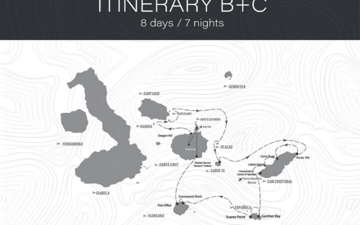 Route map of 8-day East Hermes Galapagos Cruise, round-trip from Baltra, with visits to Rabida, Bartolome, South Plaza, Santa Fe, San Cristobal, Espanola, Floreana & Santa Cruz.