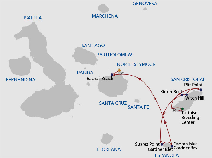 Galapagos cruise route map showing visits to San Cristobal, Española, Santa Cruz and Baltra islands.