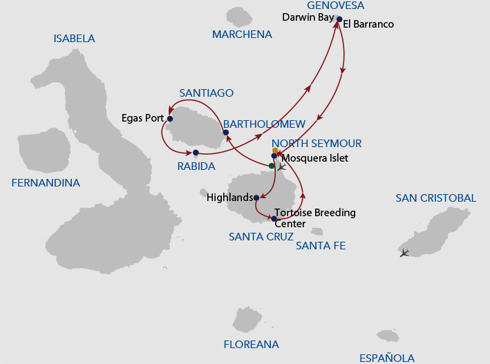 Galapagos cruise route map showing visits to Baltra, Bartolome, Rabida, Santiago, Genovesa, Mosquera, Santa Cruz and North Seymour islands.