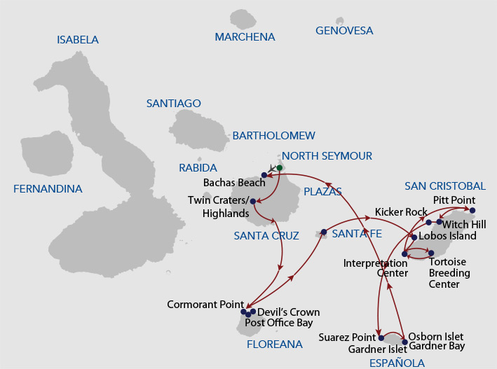 Route map of 7-day Southern Horizon Galapagos Cruise, round-trip from Baltra with visits to Santa Cruz, Floreana, Santa Fe, San Cristobal & Espanola islands.