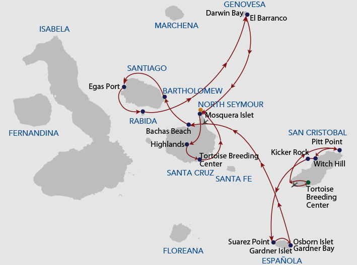 Galapagos cruise route map showing visits to Baltra, San Cristobal, Espanola, Santa Cruz, Bartolome, Santiago, Rabida, Genovesa, Mosquera Islet & North Seymour islands.
