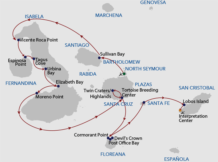 Galapagos cruise route map showing visits to San Cristobal, Espanola, Bartolome, Rabida, Santiago, Genovesa, Mosquera, Santa Cruz, North Seymour and Baltra islands.