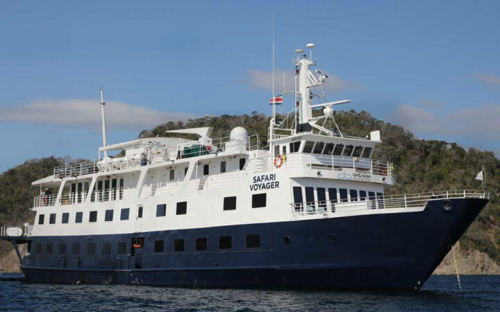 Safari Voyager Panama small ship anchored on a sunny day