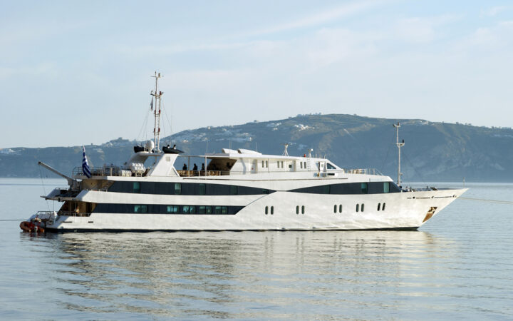 Harmony V yacht seen in still water in Greece from its starboard side