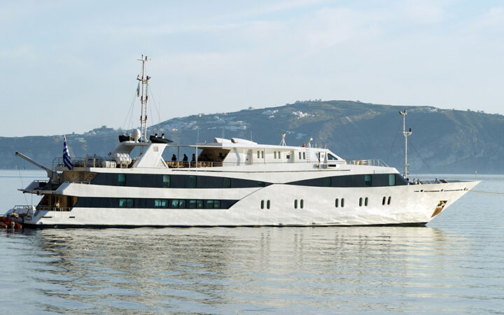 Harmony V yacht seen in still water in Greece from its starboard side
