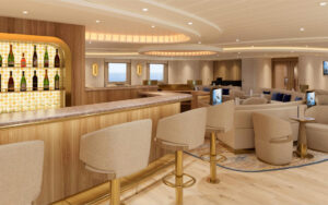 Indoor lounge and illuminated bar aboard a Galapagos luxury yacht.
