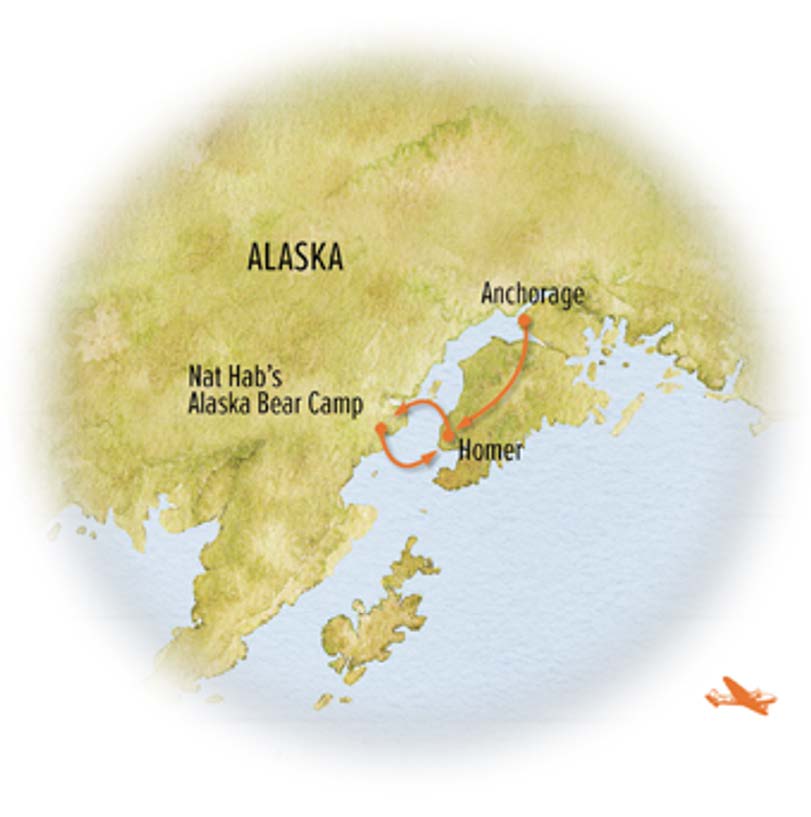 Route map of Alaska Bear Camp Adventure, showing the flight from Anchorage to Homer to Nat Habs Bear Camp