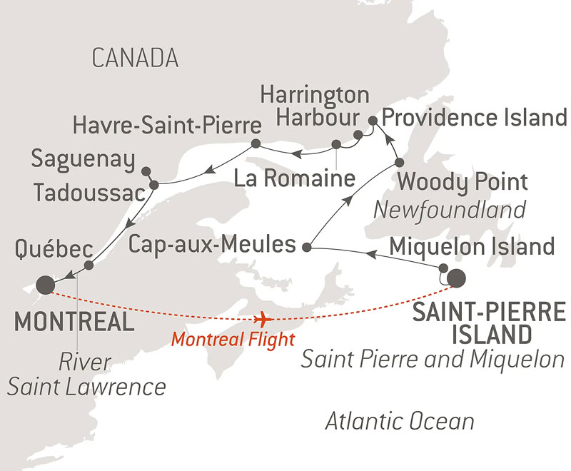 Route map of Exploration Along Saint Lawrence cruise, round-trip from Montreal, Canada with a flight to embark Miquelon Island & visits to Newfoundland, Saguenay, Quebec & more.