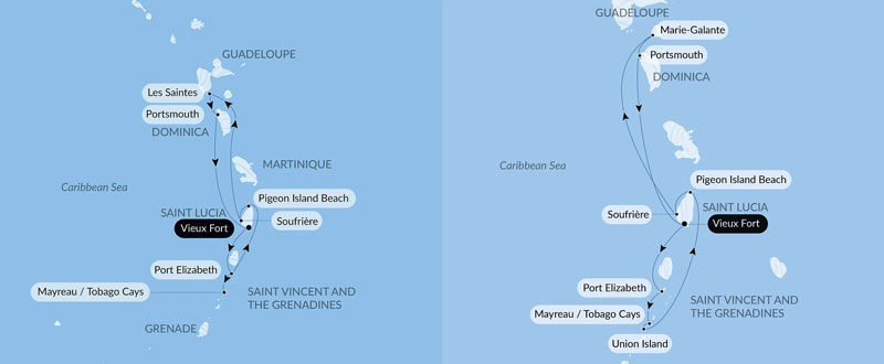 Route maps of Pearls of the Caribbean Cruise, operating round-trip from Vieux Fort, Saint Lucia, with visits to Port Elizabeth on Bequia Island, Mayreau Island, Tobago, Pigeon Island, Soufriere in Saint Lucia, Portsmouth, Marie-Galante, Union Island & "The Saints."