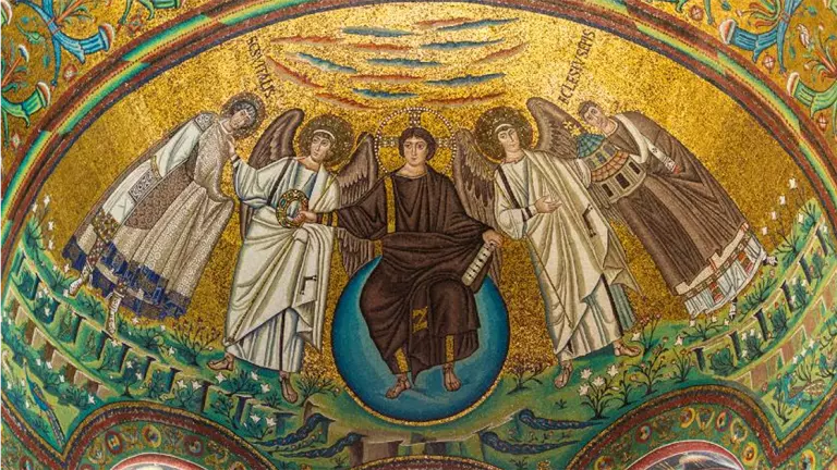 A beautiful painting of gods on the ceiling of a historic building with gold & brights colors