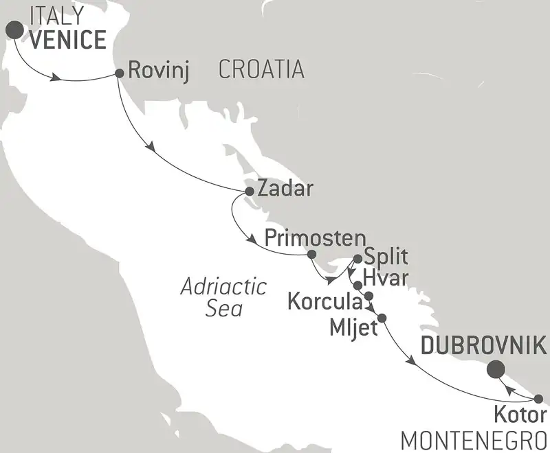 Route map of Croatia's Dalmatian Coast by Sea cruise from Venice, Italy to Dubrovnik, Croatia, with visits to Rovinj, Zadar, Primosten, Split, Hvar, Korcula & Kotor.
