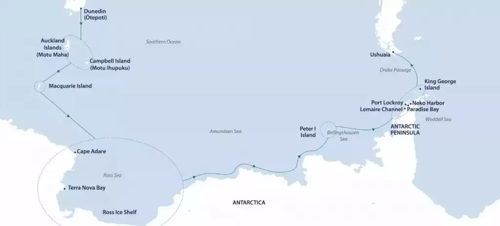 A map showing a new for 2025 Antarctica cruise rom Dunedin to Ushuaia with stops in the Ross Sea and Bellingshausen Sea