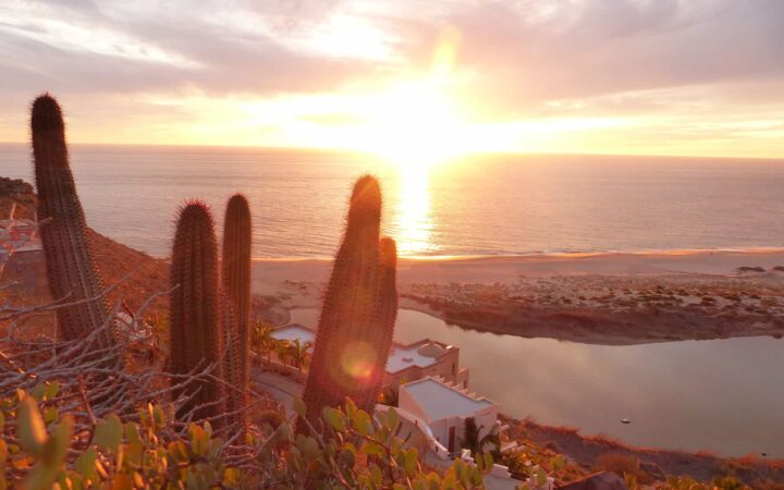 showcasing the baja climate with perfect weather and sun peaking out from behind clouds, cactus in the foreground and ocean below