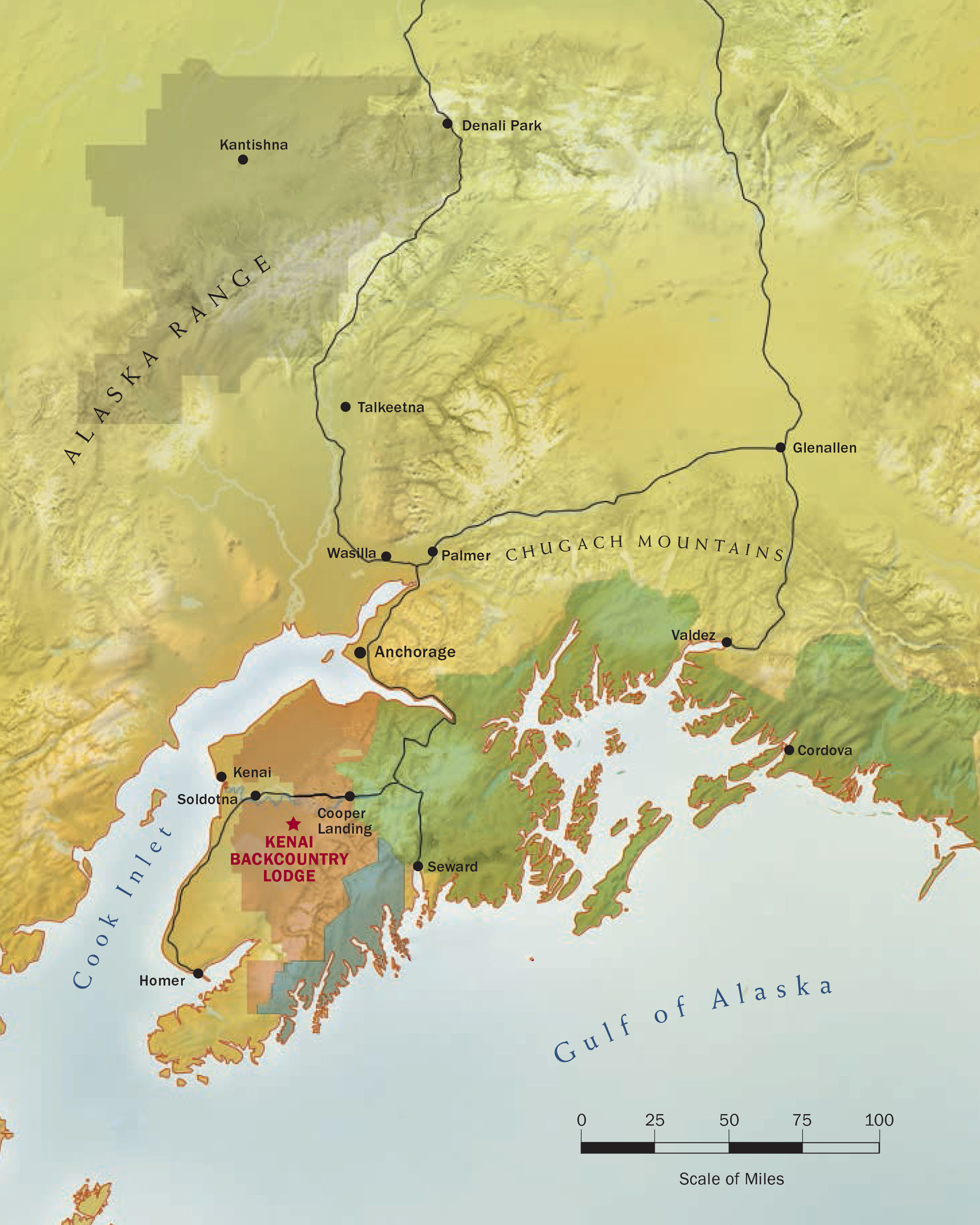 Location map of Kenai Backcountry Lodge in southcentral Alaska.