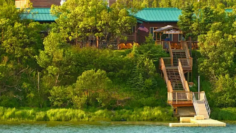 King Salmon Lodge located in Alaska nested into the woods with stairs leading down to a dock with waterfront access.