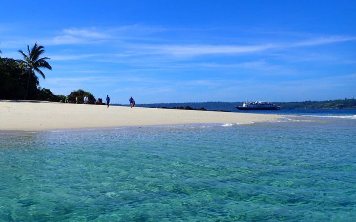 showcasing the panama climate with blue sky above, turquoise water in the foreground and a white sand beach with palm trees in the distance