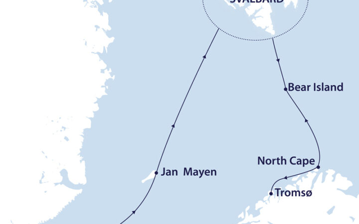 Route map of Arctic Golden Autumn & Northern Lights cruise from Reykjavik, Iceland to Tromso, Norway, with visits to Jan Mayen, Svalbard, North Cape & Bear Island.