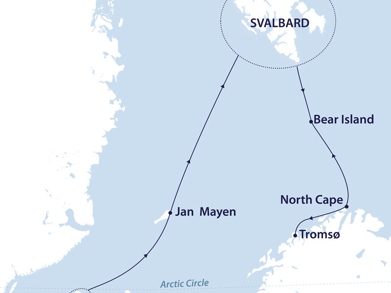Route map of Arctic Golden Autumn & Northern Lights cruise from Reykjavik, Iceland to Tromso, Norway, with visits to Jan Mayen, Svalbard, North Cape & Bear Island.