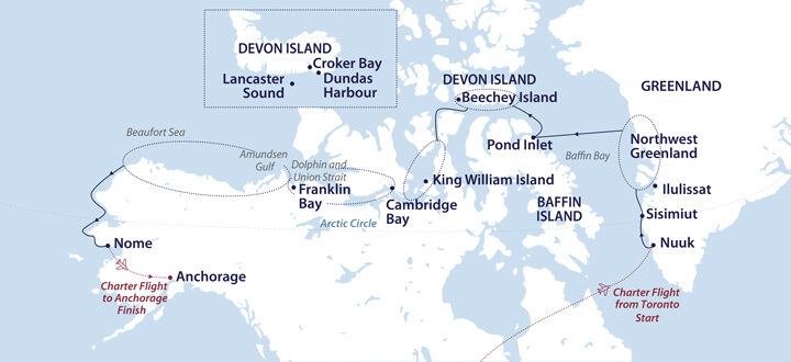 A white & blue map showing the path of the Traversing the Northwest Passage expedition from Toronto to Anchorage.