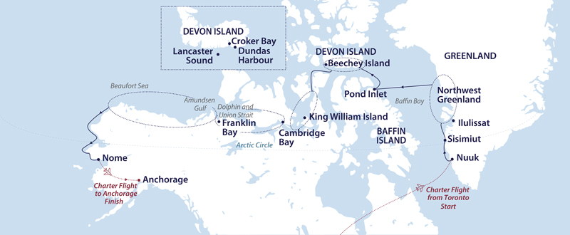 A white & blue map showing the path of the Traversing the Northwest Passage expedition from Toronto to Anchorage.