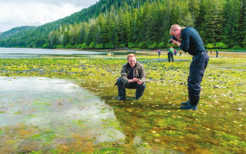 Man photographing the green mossy ocean while his friend kneals next to him in front of lush green forest