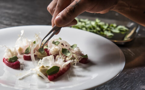 Chef's hand holds tweezers & places pieces of craft vegetables on a white plate during an Iceland to Greenland cruise.