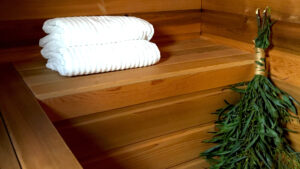 Small wooden sauna with 2 folded white towels & small brush of green leaves aboard MS Balto passenger yacht in the Arctic.