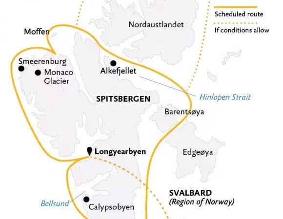 Route map of Spitsbergen In Depth arctic small ship cruise, operating round-trip from Helsinki, Finland with charter flights between Oslo and Longyearbyen, Spitsbergen. Circumnavigate Spitsbergen with visits to Calypsobyen, Smeerenburg, the Monaco Glacier, Moffen, Alkefjellet, Barentsoya & Edgeoya.