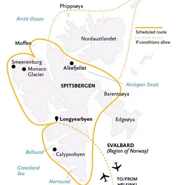 Route map of Spitsbergen In Depth arctic small ship cruise, operating round-trip from Helsinki, Finland with charter flights between Oslo and Longyearbyen, Spitsbergen. Circumnavigate Spitsbergen with visits to Calypsobyen, Smeerenburg, the Monaco Glacier, Moffen, Alkefjellet, Barentsoya & Edgeoya.