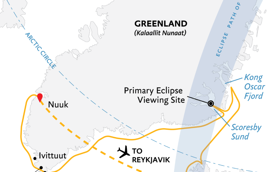 route map for small ship cruise from Iceland to Greenland showing the path of the solar eclipse and the cruise path shown in yellow