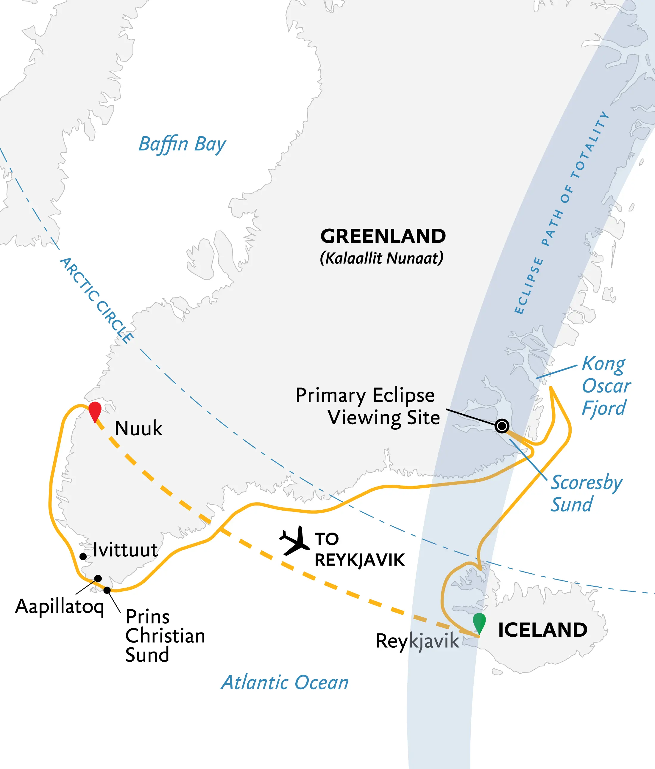 route map for small ship cruise from Iceland to Greenland showing the path of the solar eclipse and the cruise path shown in yellow