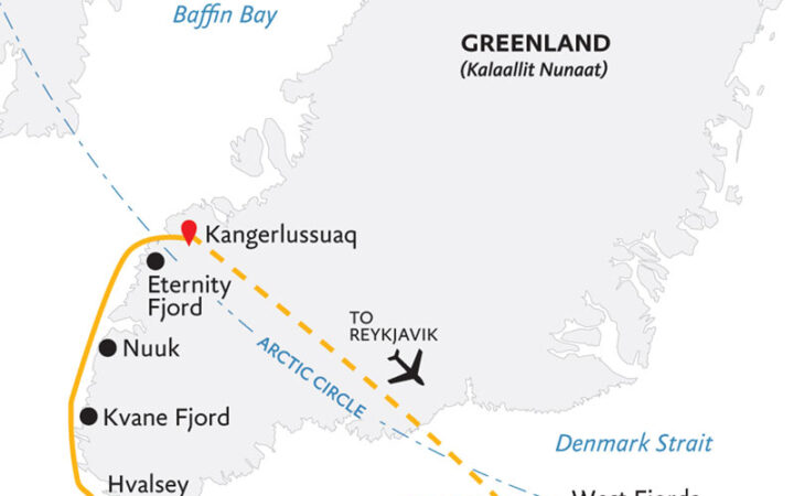 Route map of Iceland to Greenland: Mountains, Glaciers & the Westfjords cruise from Reykjavik to Kangerlussuaq, ending with a return flight.