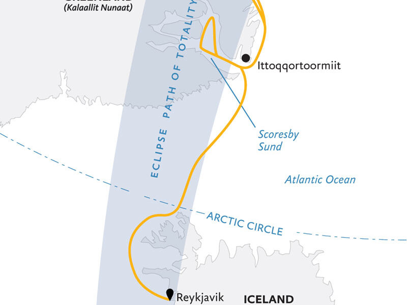 Route map of Iceland to Greenland: Total Solar Eclipse cruise, round-trip from Reykjavik with visits to the Westfjords & eastern Greenland.