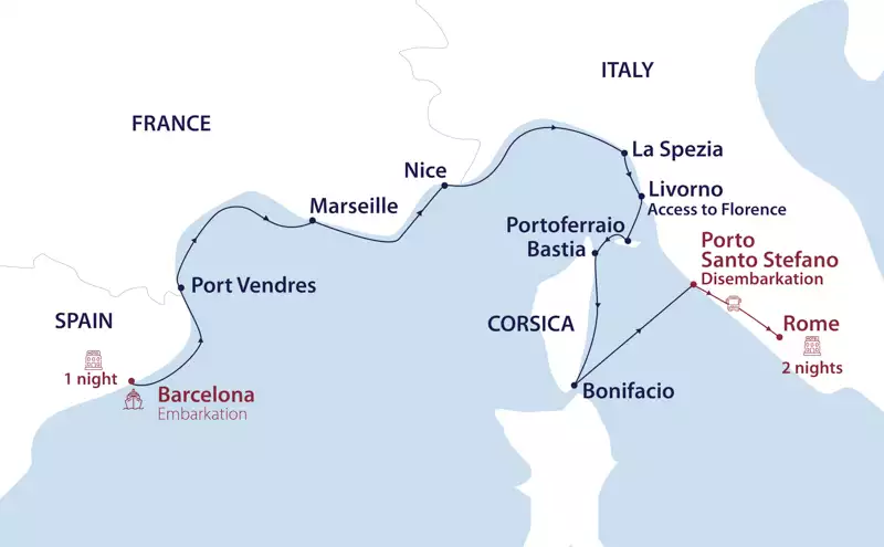 Map of A Mediterranean Masterpiece: The Rivieras Cruise that shows the cruise route from Barcelona to Rome with pre and post hotels.