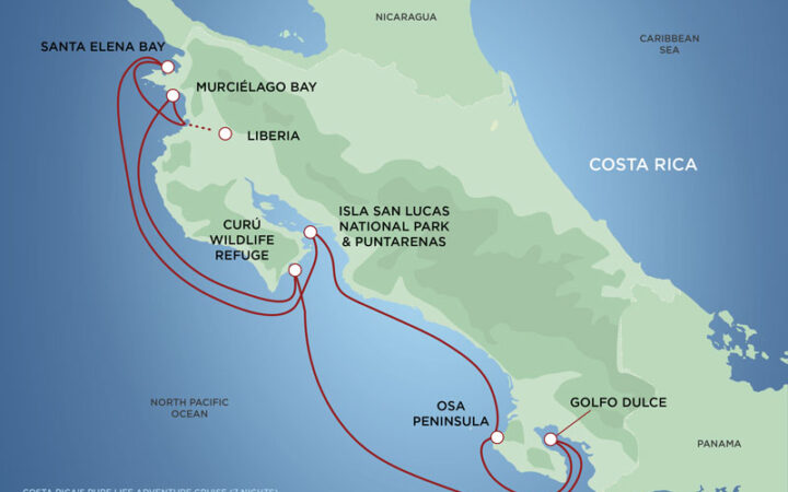 Route map of Costa Rica's Pure Life Adventure Cruise, round-trip from Liberia & traveling along the Pacific coastline.