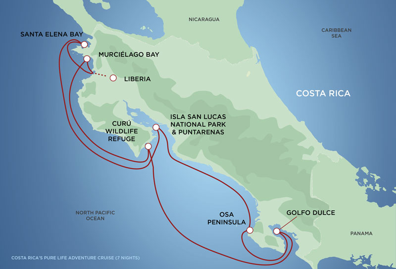 Route map of Costa Rica's Pure Life Adventure Cruise, round-trip from Liberia & traveling along the Pacific coastline.