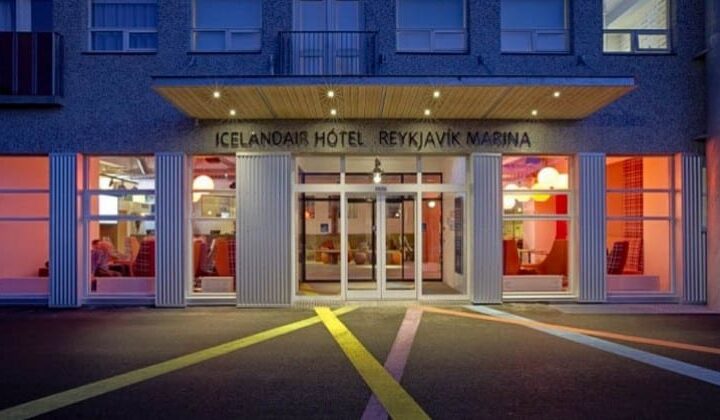 The entrance to the Icelandair Reykjavik Marina Hotel, a contemporary accommodation set in the art district with views of the harbor.
