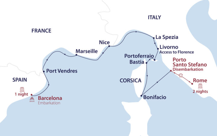 Map of A Mediterranean Masterpiece: The Rivieras Cruise that shows the cruise route from Barcelona to Rome with pre and post hotels.