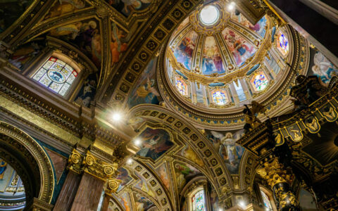 Interior dome & ornate gold, frescoed ceiling of St, George's Basilica, seen in Ravenna, Italy on a Valletta to Venice cruise.
