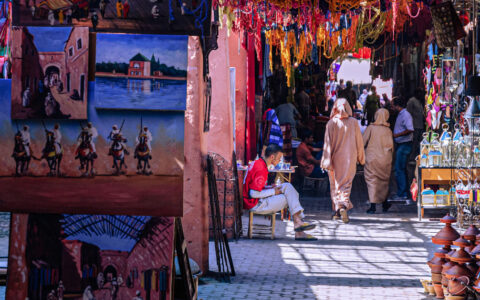 Moroccan market filled with shops and markets full of colorful producers and art for shoppers to buy