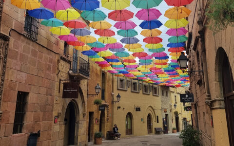 Canopy of colorful umbrellas on a historic stone street with beautiful archway doors on a sunny day.