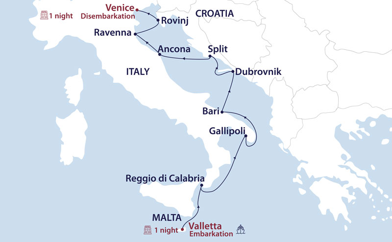 Route map of An Adriatic Renaissance: Valletta to Venice cruise with stops along Italy's east coast & Croatia.