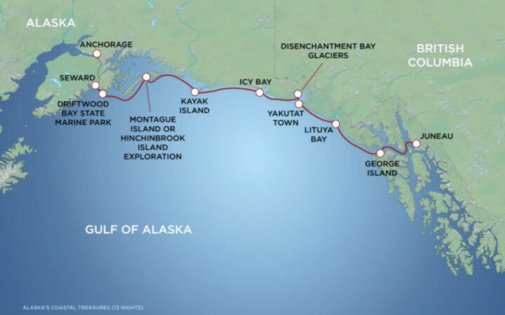 Route map of Alaska's Coastal Treasures Cruise between Seward and Juneau with visits along the southcentral coast.