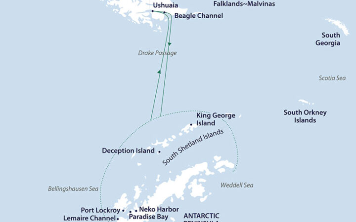 Route map of Antarctica Active cruise, round-trip from Ushuaia, Argentina with visits along the Antarctic Peninsula.