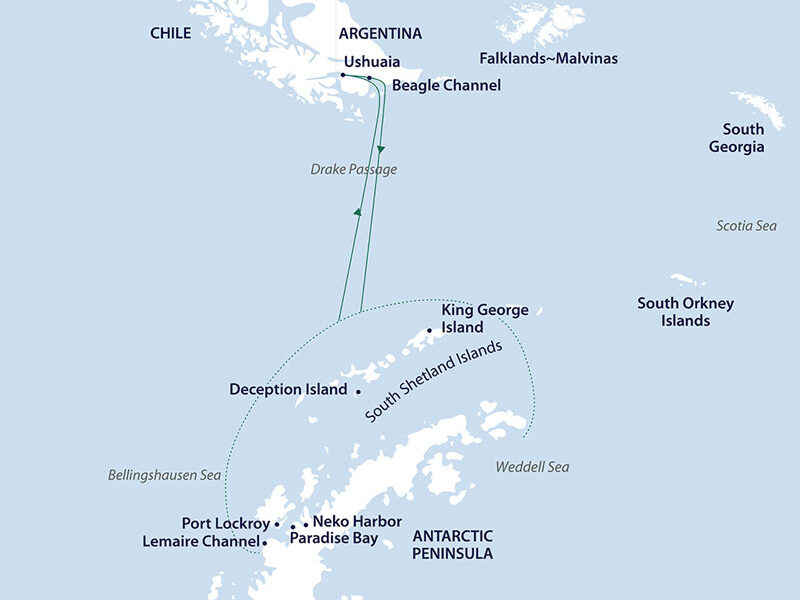 Route map of Antarctica Active cruise, round-trip from Ushuaia, Argentina with visits along the Antarctic Peninsula.
